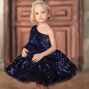 Flower Girl Dresses Navy Blue Tulle Sequin With Bow Single Shoulder For Wedding Birthday Party Holy Communion Gown Customized