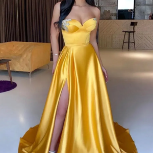 Strapless Yellow Sexy Split Style Evening Dress, Sweetheart Crystal Satin Long Ball Dress, Women’s Formal Occasion Custom Dress