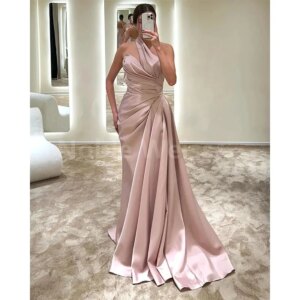Gorgeous One-Shoulder Floor-Length Satin Prom Dresses with Pleats for Women Customized