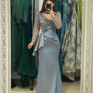 Shiny V-Neck Formal Dress Long Sleeve Shiny Sequin Mermaid Satin Pleats Evening Gown New Prom Party Dresses