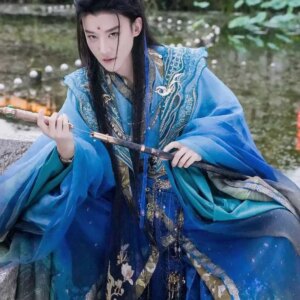 Luxury Chinese Hanfu Men Ancient Traditional Hanfu Gradient Blue Women Cosplay Costume Theme Party Hanfu Tang Suit Photography