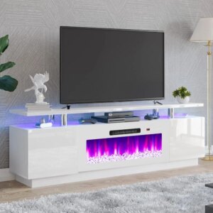 Fireplace TV Stand with 36″ Fireplace, 70″ Modern High Gloss Fireplace Entertainment Center LED Lights, 2 Tier TV Console Cabin