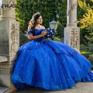 EVLAST Customized Shiny Royal Blue Ball Gown Quinceanera Dress Sequins Applique Beading Bow Sweet 16 Vestidos De 15 Anos E1Q630
