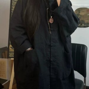 Linen Vintage Chinese Knot Button Shirt Women’s Summer New Zen Plain Clothing Loose plus Size Batwing Sleeve Cotton and Top