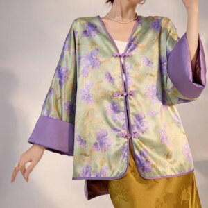 New Chinese flower print fashion thin coat light luxury blouse woman