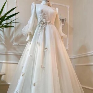 2024 Elegant White Muslim Quinceanera Dress Long Sleeves High Neck Lace Appliques 3D Flowers Special Occasion Party Dress