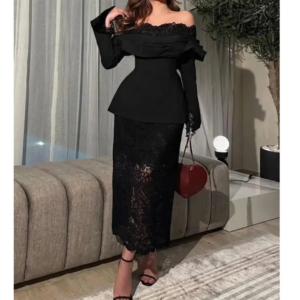 Elegant Black Simple Sexy Women Prom Party Dress Off Shoulder Ankle Length Daily Pretty Cut-out فساتين حفلة موسيقية Vestidos De