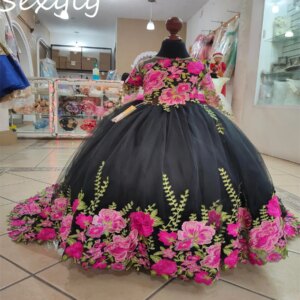 Princess Black Flower Girls Dress 2025 Mexican Charro Mariachi Toddler Escaramuza Kid Pageant Dress Flowers Birthday Customized