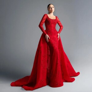 OEING Elegant Red O-Neck Mermaid Evening Dress Sequin Sparkly Appliques Long Sleeves Prom Gown Vestidos de fiesta Customized