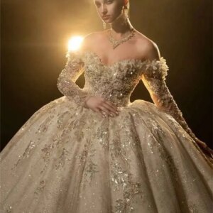 Luxurious Long Sleeve Wedding Dress 2025 Sparkling Off Shoulder Beaded Bridal Gown Elegant Classic Ball Gown Vestidos De Novia