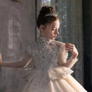 Jill Wish Luxury Beads Ivory Lace Arabic Girl Dress Princess Long Sleeve Wedding Birthday Pageant Party Evening Ball Gown J122