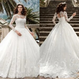Elegant one-line wedding dress Sheer long sleeve tulle applique Beach Auditorium bridal dress with cinched back dress New