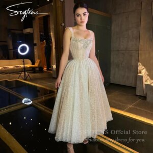 SSYTENS Champagne Midi Prom Dresses Glitter Crystals Formal Party Dress Spaghetti Straps Tea-Length A-Line Wedding Evening Gowns
