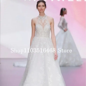 Elegant High Neck Formal Wedding Dresses White Sexy Sleeveless Appliqued A-Line Customised Bridal Vestidos Novias Boda Custom
