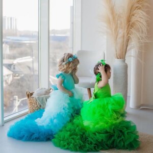 Little Girls Ruffled Tulle Princess Pageant Dress Long Train Flower Girl Dress for Toddlers Satin Bow Wedding Party Ball Gowns