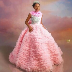 Luxury Feather Girls Birthday Party Dress Tiered Ruffles High Neck Bow Flower Girl Dresses for Wedding Kids Prom Gown Customized