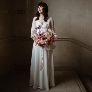 Customized V Neck Soft Satin Wedding Dress Elegant Long Sleeves A Line Sweep Train Outdoor Garden Wedding Bridal Gown TSWD461