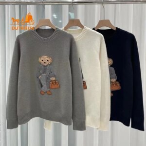2025 New Autumn and Winter Cardigan Bear Embroidery Round Neck 100% Cashmere Pullover Knitted Women’s Warm Sweater