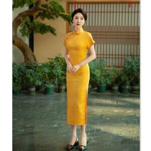 Suzhou Cheongsam Qi Pao Wholesale    Fashion Improvement Long with Shoulder Sleeves to Send Examination Mother Yellow