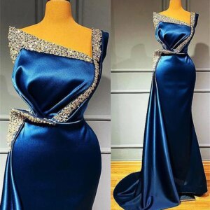 One Shoulder Satin Evening Dresses Beading Mermaid Prom Formal Party Gowns Luxury Crystals Arabic Robe De Soiree Custom Made