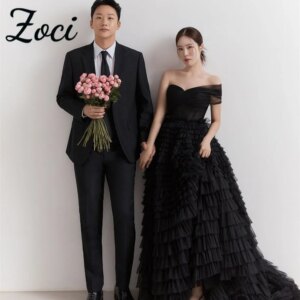 Zoci Luxury Tiered Tulle Korea Evening Dresses Black One Shoudler Formal Gown Customized Corset Wedding Photos Shoot Dress 웨딩드레스