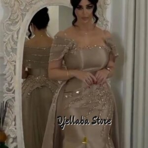 Customized Champagne Saudi Women’s Beaded Evening Dresses 2025 For Special Occasions Satin Arabian Prom Gown Formal Party Dress