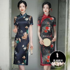 High Quality Real Silk Cheongsam Qipao Fashion Spring/Summer plus Size Daily Chinese Style Women’s Dress