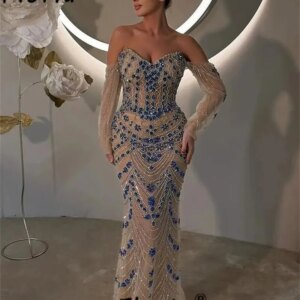 Luxury Nude Mermaid Evening Dress Heavy Silver Blue Beads Stones Celebrity Party Dress Couture Customized Formal Occasion Gowns