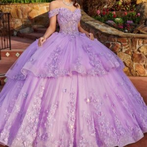 Lilac Shiny Princess Quinceanera Dresses Appliqued Flower Bow Beads Tull Sweet 16 Dress Ball Gown Vestidos 15 De Anos