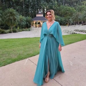 Customized Long Blue V-Neck Mother of the Brides Dresses with Slit A-Line Chiffon Floor Length Godmother Dress for Women