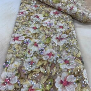 High-quality African Nigerian Elegant 3D Embroidered Beaded Fabric 2024 French Tulle Lace Fabric With Sequin For Party Wedding