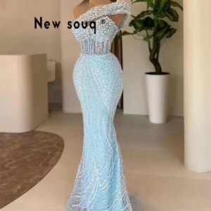 Sky Blue Pearls Mermaid Evening Dresses Off The Shoulder Sequined Beaded Birthday Party Dress Elegant Long Prom Gowns Customized