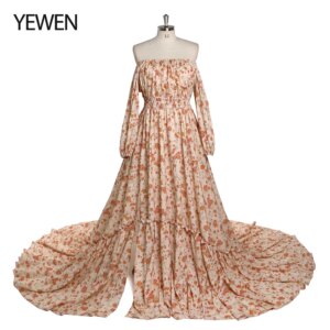 Off Shoulder Floral Print Cotton Fabric Boho Woman Maxi Photography Dress Maternity Photo Shoots Gowns YD21812