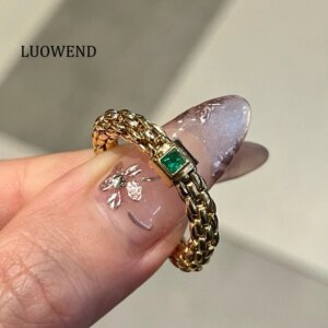 LUOWEND 100% 18K Yellow Gold Rings Natural Emerald Engagement Ring for Women Vintage Style High Party Jewelry