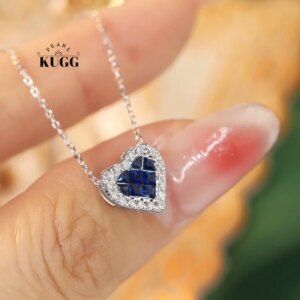 KUGG 18K White Gold Necklace Shiny Diamond Natural Sapphire Pendant Necklace for Women Romantic Heart Design High Birthday Gift