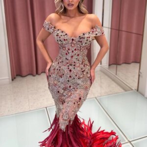 DMDRS Mermaid Evening Dress Elegant Crystal Beaded Party Gown Luxurious Feathered Strapless Floor-Length Party Dress فساتين سهرة