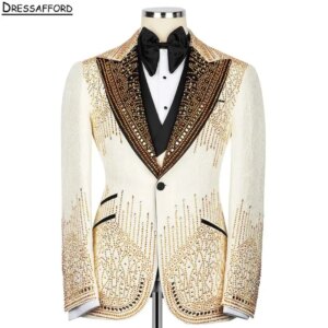 Luxury Handmade Gold Crystal Men Business Formal Occasion Tuxedos Grooms Wedding Party Prom Male Suit 2 Piece Set Blazer Pants