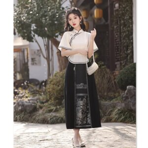 Retro National Style Cheongsam Qi Pao Top Suit Spring and Summer New Improved Lady Literature