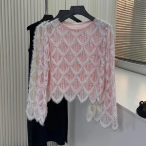 Sequined Beaded Designer Romantic Wavy Edge Loose Short Sweater Top Women High-end Celebrity Hollow Long-sleeve Knitted Jumper
