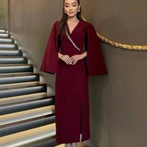 Little Daisy Customized Pleat Rhinestone Straight V-neck Midi Dresses Bespoke Occasion Dresses Exquisite Sexy