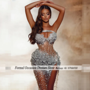 Luxury Silver Evening Dress Crystal Applique Side Slit Wedding Party Dress For Bride Cosrt See Through Prom Gowns Customized