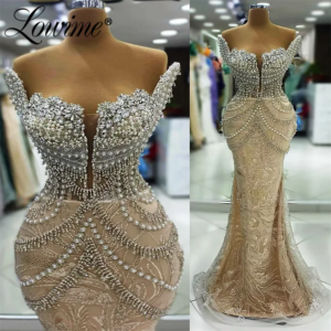  2024 Champagne Aso Ebi Crystals Prom Dresses Sequined Floral Evening Wedding Party Second Reception Birthday Engagement Gowns