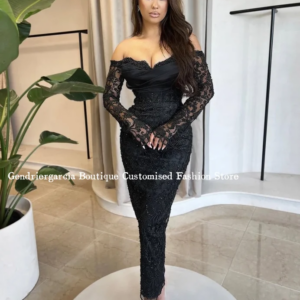Black Elegant Strapless Prom Dress Luxurious Lace Tulle Long Sleeve Inlaid Sequin Beaded Arabian Skinny Party Dress Customised