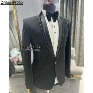 Black Formal Wedding Suits Geometry Beading Men’s Business Suit 2 Pieces (Jacket+Pants) Man Tuxedo Groom Wear