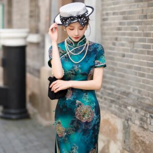 High Quality Improved Real Silk Cheongsam Qipao Long Belly Covering Waist Retro Chinese Style Dress Women’s