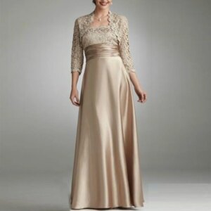 Elegant Champagne Satin Mother Of The Bride Dresses For Weddings Floor Length Formal Party Evening Dress With Coat