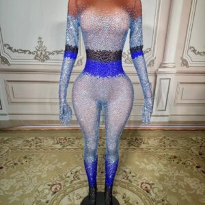 Sparkly Clubbing Rhinestone Drill Chain Bodysuits For Women Sexy Long Sleeve See Through Mesh Leotard Carnival Photography 2023