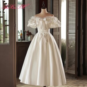 AnXin SH princess white satin boat neck beading bow a line ruffles puff sleeve lace customized evening dress little white dress