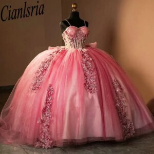 Pink Illusion Spaghetti Straps Bow Quinceanera Dresses Ball Gown Sequined Appliques Lace Sweet 15 Años Mexican Customized