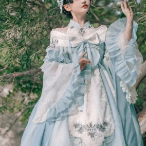 Original Chinese Style Bow Embroidery Lace Trimmed Puff Sleeves Lolita Dress Women Sweet Improved Cheongsam Hanfu Dresses